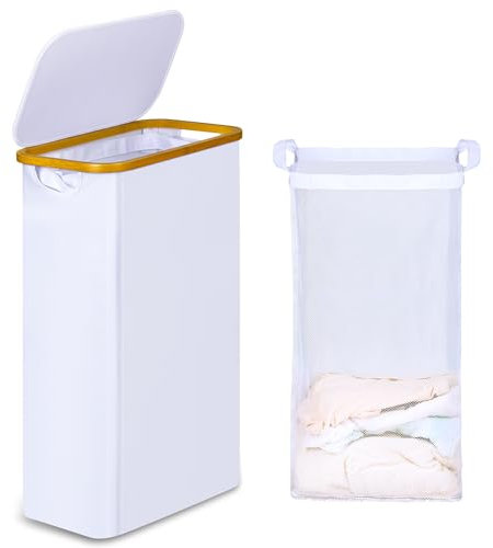 iEGrow Washing Basket for Laundry, 60L Slim Laundry Basket with Removable Inner Bag, Bamboo Handles, White