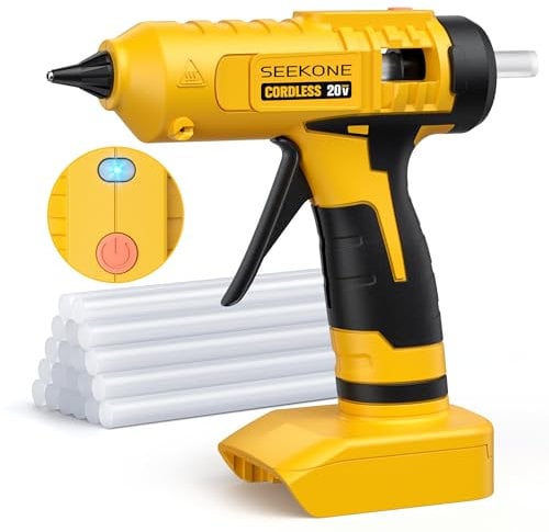 SEEKONE 100W Cordless Hot Glue Gun for Dewalt 20V Battery with 20pcs Glue Sticks (11mm x 150mm) and Indicator Light, Overheat Protection, Hot Melt Glue Gun for Crafting, DIY, Art, Sealing(No Battery)