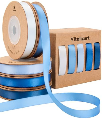 Vitalizart Blaue Serie Satinband für Handwerk 0,95 cm x 45,7 m (5 Rollen * 9,14 m), Doppelseitige Stoffband für Geschenkverpackungen, Schleifen Machen, Brautstrauß, Dekoration