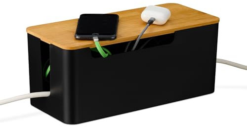 Relaxdays Kabelbox für 2 Steckdosenleisten, Bambusdeckel, Kunststoff, HBT: 13x31x14 cm, Kabel verstecken, schwarz/natur