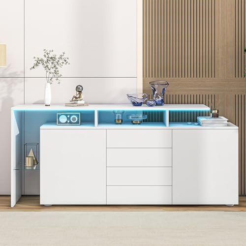 Kebnor Kommode, Sideboard mit LED, Wohnzimmermöbel in Weiß Hochglanz, Wohnzimmerschrank, Standschrank, TV-Schrank, Wohnzimmerwand, Highboard, Mehrzweckschrank, Buffetschrank Esszimmer