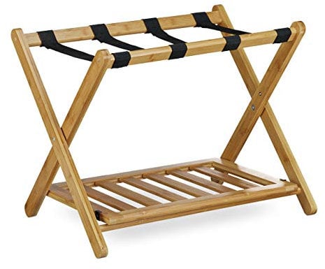Relaxdays Kofferständer Bambus, klappbar, für Koffer & Reisetaschen, 2 Ablagen, Gepäckablage, HBT 53 x 68 x 47 cm, natur, 1 Stück
