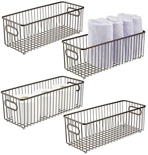 mDesign Tiefer Metallkorb für Badezimmer, Aufbewahrungskorb – Bauernhaus-Drahtgitter-Design – für Schränke, Regale, Schränke, Schminktische, Schlafzimmer, Unterspüle, 4 Stück, bronzefarben