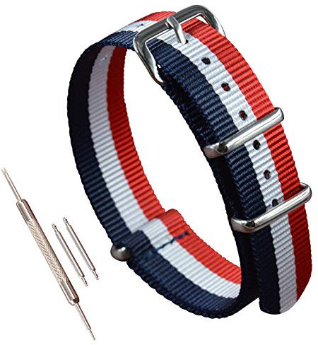 14mm Bleu/Blanc/Rouge Bracelet Montre Homme Nylon Strap Militaire 4 Boucle Polie