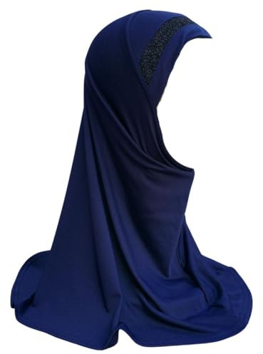Yaqeen Kinder Mädchen Kopftuch Hijab Glitzerborde, Sport Hijab, Amira Kopfbedeckung 6-12 Jahren, Einheitsgröße, dunkelblau