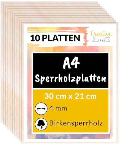 Creative Deco 10 x A4 Sperrholzplatte 4mm | 300 x 210 (+/- 2) mm | Birkensperrholz Dünne holz-Zuschnitte | Perfektes Blatt für Laubsäge, Brandmalerei, Laserschnitt, CNC Router, Durchbrochenes