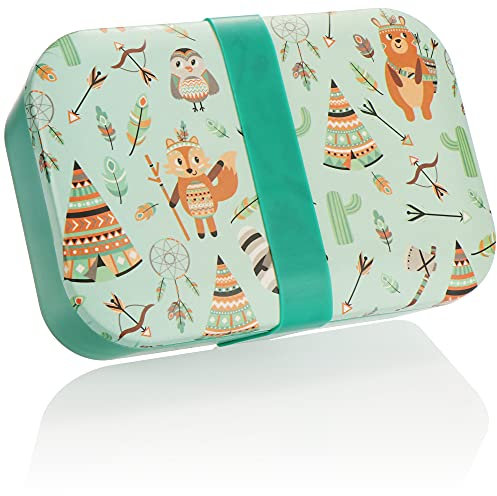 com-four® Brotdose für Kinder - Lunch-Box mit Verschlussgummi - Vorratsdose mit Indianer-Motiv für Schule und Freizeit