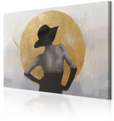 decomonkey Bilder Abstrakt 90x60 cm 1 Teilig Leinwandbilder Wandbild Frau | Strukturleinwand, Holzkeilrahmen, Bild auf Leinwand, Kunstdruck, Wanddeko, Wohnzimmer, Wanddekoration, Hut, Geometrisch