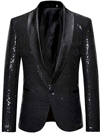 Saclerpnt Herren Sakko Slim-Fit Pailletten Glitzer Anzugjacke Party Revers Blazer Freizeit Anzug Jacket Smoking(Schwarz,S)