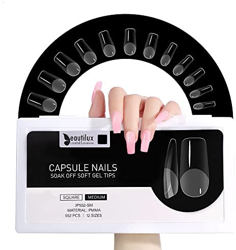 Beautilux Capsule Americaine Ongle, Carré Medium Capsules Ongles Transparente Acrylique 552 Pièces 15 Tailles, Soak Off Faux Ongles Pose Americaine Pour Manucures à Domicile Et Salons De Manucure