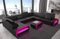 Wohnlandschaft Verona Ledersofa U Form Sofa - mit LED Beleuchtung, verstellbare Kopfstützen/Lederfarben wählbar/Ausrichtung wählbar (Lange Seite rechts, Schwarz-Pink)