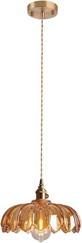 LegendTech Glass Pendant Light Fixtures Lotus Lamp Shade and E27 Brass Socket Ceiling Lighting for Kitchen Bedroom (Amber)