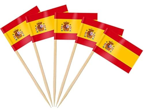 AhfuLife 200 Stück Spanien Zahnstocher Flaggen, Spanische Deko Fahne Klein Mini Zahnstocher für EM Euro Eurovision WM Olympische Cupcake Topper Toothpick Cocktail Partydeko Restaurant Pub Deko