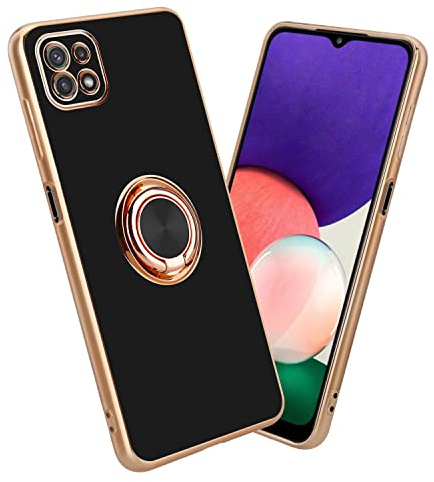 Cadorabo Hülle kompatibel mit Samsung Galaxy A22 5G Schutzhülle TPU Silikon Case mit Ring Design mit Kameraschutz Slim Kratzfest Weiche Gummi mit Rundumschutz Case Hülle für Galaxy A22 5G in Schwarz