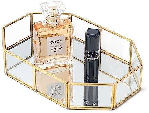 Bandeja de Vidrio con Espejo, Bandeja de Oro, Bandeja de Maquillaje, Bandeja de Perfume, Bandeja de Cristal Dorada, Organizador Cosmético, Bandeja Decorativa de Baño, Cómoda