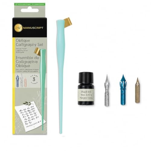 MANUSCRIPT Modern Oblique Calligraphy Writing Pen Set (Mint) - 1x Dip Pen Holder, 3x Dip Nibs, Black Ink (7ml) & Practice Sheet, Ideal for Modern Calligraphy