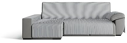 GAMUSI Sofaüberwurf aus Baumwolle, Chaiselongue, 240 cm, links (bis zu 270 cm breit), gestreift, Hellgrau