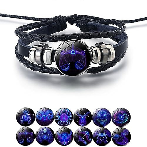 Zodiac Signs Spirit Bracelet, Handmade Woven Multilayer Adjustable 12 Constellation Zodiac PU Leather Bracelets Unisex, Glow in the Dark Zodiac Jewelry Gifts For Women Men (Libra)