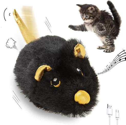Pawsayes Interactive Cat Toys for Indoor Cats Rechargeable Automatic Moving Mouse Cat Toy with Squeaky Sound Smart Electric Mice Kitten Toys with Dynamic Magic Tail(Black)