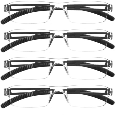 COJWIS 4er-Pack Rahmenlose Lesebrille für Damen und Herren Leicht und Bequem Anti Blaulicht Lesehilfe /TR90 Brille (4 Schwarz, 2.00, multiplier_x)