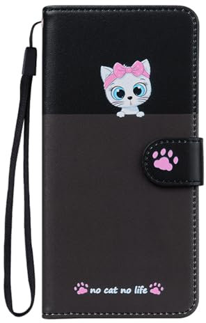Butnyeoe Phone Case for iPhone 8/7/SE 2020/2022 - Cute Cartoon Cats PU Leather Magnetic Wallet Flip Folio Protective Cover Case with Kickstand and Card Slots, Black+Dark Grey