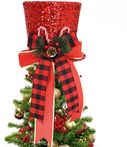 BUNIQ Topper Hut Weihnachtsbaum Ornament,Faltbare Baumspitze mit Schleife und glitzernden Schuppen - Weihnachtsdekorationen aus Vliesstoff, weiche Partygeschenke