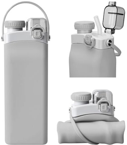 Borraccia pieghevole, 600 ml, in silicone, con cannuccia, riutilizzabile, a prova di perdite, senza BPA, per viaggi, campeggio, yoga, scuola, attività all'aperto (grigio chiaro)
