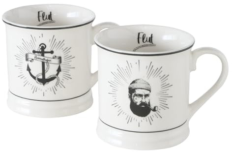 Seaside No.64 - Maritime Jumbobecher aus Keramik - Kaffeetasse mit Henkel - XXL-Teepott mit Innendruck Ebbe und Flut - Trinktasse mit Anker oder Seemann - 400ml - schwarz/weiß (Set Anker + Seemann)