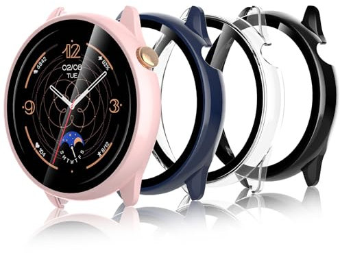 Bigqin 4 Stück Schutzhülle Kompatibel mit Amazfit GTR Mini, Hard PC Hülle mit Displayschutzfolie, HD Ultradünne Case Cover mit gehärtetem Glas - Transparent, Schwarz, Blau, Rosa