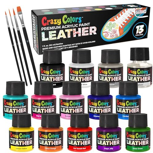 Crazy Colors Premium Acrylic Shoe & Leather Paint Kit 13-Color with 4 Brushes (1 oz Bottles) - Acrylic Leather Paint for Shoes, Sneakers, Jackets, Bags, Purses, Furniture