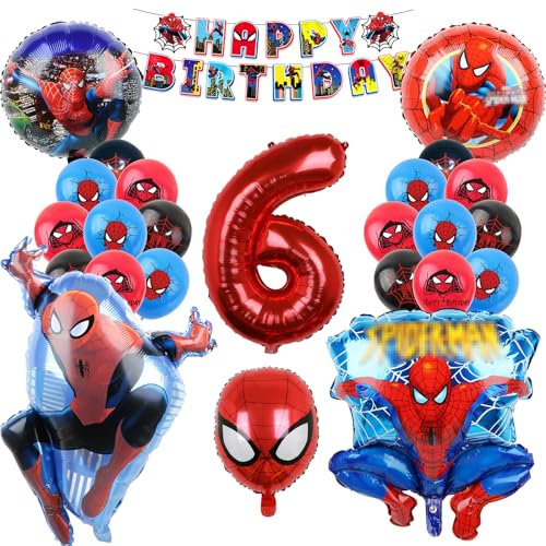 Oirigaga Geburtstagsdeko Luftballons Set, Geburtstag Ballons für 6 Jahre Jungen, Kindergeburtstag Party Deko Helium Balloons, Cartoon Anime Spidey Folienballons mit Happy Birthday Banner für Kinder