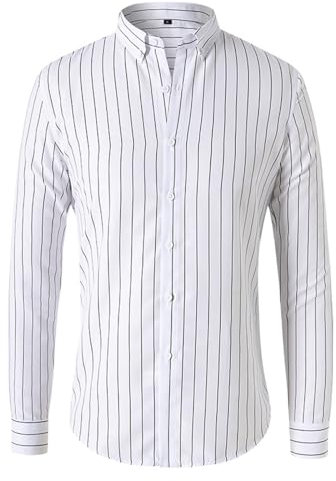 Generic Formal Striped Shirts for Men UK Sale Clearance Long Sleeve Button Down Dress Shirt Casual Simple Lapel Work Office Commuting Shirt White