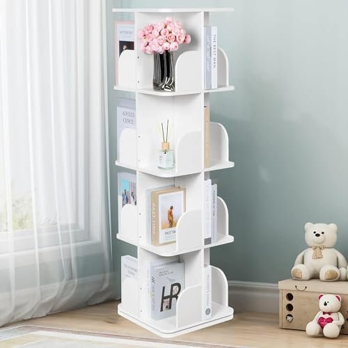 uyoyous 360° drehbares Bücherregal, 4-stöckiges Bücherregal Drehbar, Weiße Holzbücherregale Kinderbuchregal, Büroregal Dekoregal Lagerregal für Kinderzimmer, Schlafzimmer, Wohnzimmer