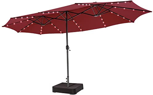 COSTWAY Parasol de Jardin Double 470 x 280CM avec 48 LED à Énergie Solaire, Parasol Extra Large avec Manivelle et Base Robuste, Parasol Jumeau avec Panneau Solaire à Chargement Automatique (Vin Rouge)