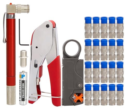 DUTEGAO Coaxial Cable Crimper Kit,Coax Cable Repair Kit,20PCS rg6 F Cable Connectors,Include Coaxial (Coax) Cable Tester,Coax Crimper rg6 compression tool Adjustable rg59, Coax Wire Stripper Tool