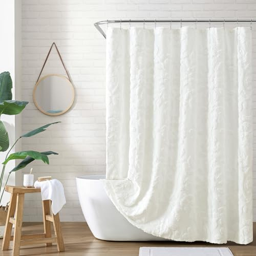 Peri Home 100% Cotton Fabric Shower Curtain for Bathroom, 72 x 72 inches, White Chenille Laurel