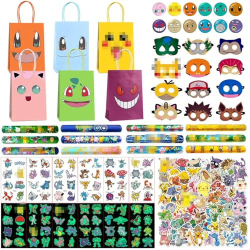 LGZIN 154 Stück Party Mitgebsel Kindergeburtstag, Party Gastgeschenke Kinder, Par-ty Dekoratives Mitgebsel Set mit Geschenktüten, Par-ty Masken Kinder, Abzeichen, Schnapparmband und Tattoo Aufkleber