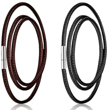 KAPSING Lot de 2 colliers,sans pendentif,collier en cuir ciré, chaîne de collier,chaîne en cordon polyester avec fermoir,collier en cuir pour homme,pour femmes,garçons(700 x 3 mm,noir et marron)