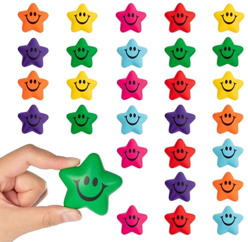 GIBOHOM 28 Stück Stern Lächeln Gesicht Stressbälle, 5cm Stern Stressabbau Spielzeug Schaum Smile Ball Sternform Stressball Relief Lächeln für Schule Belohnung Student Party Tasche Füllstoffe
