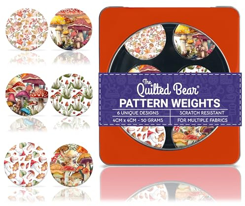 The Quilted Bear Fabric & Paper Pattern Weight Set, Mushrooms | 6 Unique Designs with Storage Box, Pin-Free Pattern Cutting, Fabric Safe, Scratch Resistant, 4cm, 50g, for Sewing & Quilting