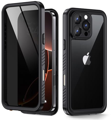 Lanhiem für iPhone 16 Pro Max Hülle Sichtschutz, IP68 Wasserdicht Handyhülle iPhone 16 Pro Max Case 360 Grad Ganzkörper Stoßfest Staubdicht Outdoor Panzerhülle mit Anti-Spähen Displayschutz, Schwarz