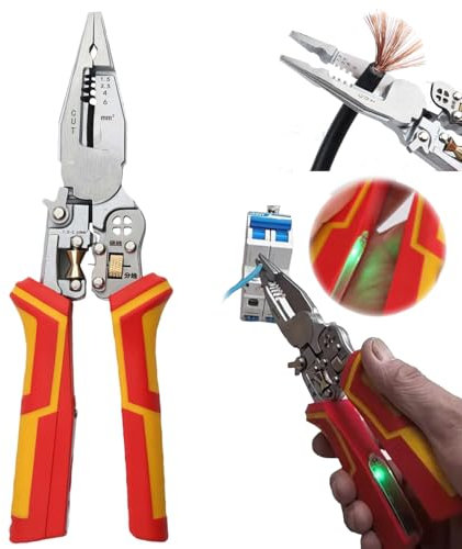 Pince à dénuder multifonction 9 en 1 avec testeur de tension - Sertissage, coupe, tirage, grattage, torsion, pince à dénuder, pince testeur de tension, ciseaux de câble pour électriciens et projets de