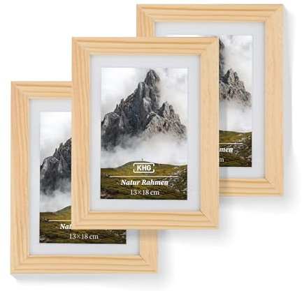 KHG Premium-Bilderrahmen 3er-Set 13x18 cm Natur braun, stabile Glasfront | hochwertiges Passepartout & MDF-Holzrahmen für Fotos, Poster, Zertifikate & Collagen, für Zuhause, vielseitig einsetzbar
