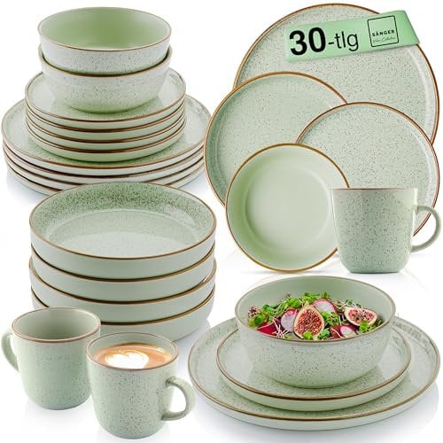 SÄNGER Rio Minze | Kombiservice 6 Personen, Teller Set Kaffeebecher Pastaschale 30 tlg, Geschirr Set spülmaschinen- mikrowellen- kratzfest, Geschirrset aus Steingut, mintgrün | VALUE COLLECTION