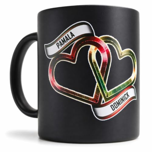 Klassek Personalised Black Ceramic Love Heart Mug with Custom Couple Names | 10W x 11.5H cm glossy cup made in the UK. Vibrant 3D metallic-effect print. Ideal for daily hot drinks.
