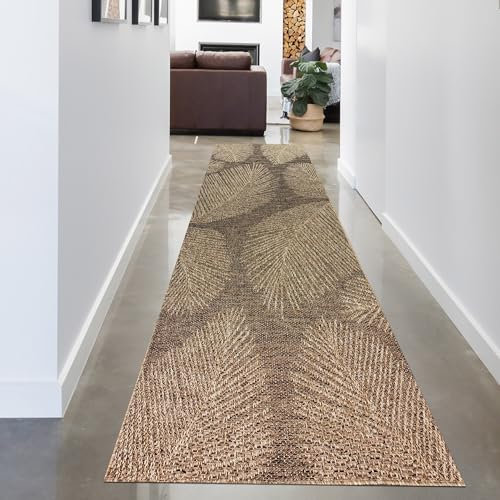 CARPETIA Teppich Schlafzimmerteppich Läufer Flur Gang Innen- Außenraumteppich wetterfest in zeitlosem Blättermuster in Beige Braun 80 x 250 cm