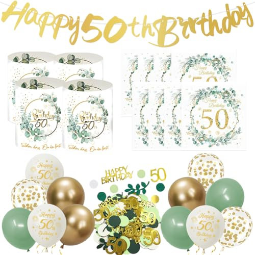 20 Stück 50. Geburtstag Deko Servietten 12 Stück Happy 50th Birthday Windlicht Tischdeko Luftballon Girlande und Konfetti für 50 Jahre Deko Geburtstag Frau Mann