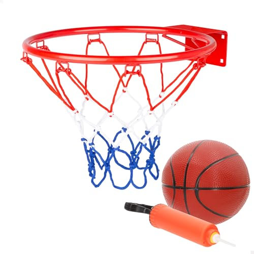 AKTIVE 54277 Canasta de Baloncesto Pared, 32 cm, Escala 1/1.4, Red de poliéster y aro metálico, Incluye Pelota e hinchador, Instalación con 4 Tornillos incluidos, para Jugar en casa, terraza o jardín