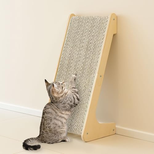 PETKARAY L-förmiges Dual-Use Sisal Kratzbrett für Katzen, 64 cm Hohe Kratzsäule aus Natürlichem Sisal, Kratzmöbel für Wand und Boden, Möbel-Schutz mit Katzenminze, Chevron-Muster