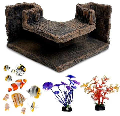 kathson Aquarium Hideaway Cave Underground Tunnel Hideout Resin Rock Dual Hole Hideout for Corners View Fish in Aquarium Decoration with 2PCS Plastic Aquatic Plants for Betta Shrimp Guppy Hide
